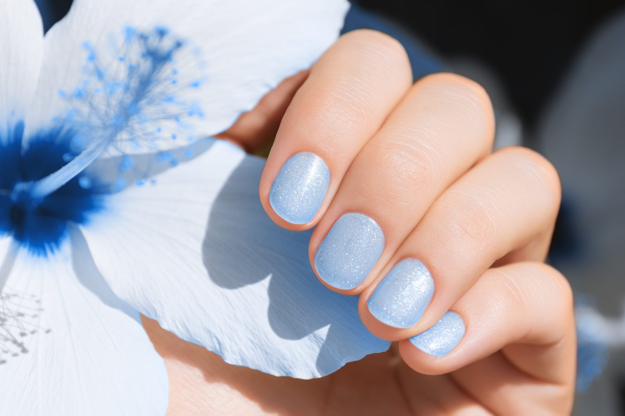 Blue nail design. Female hands with glitter manicure.